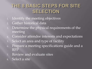 THE 8 BASIC STEPS FOR SITE SELECTIONIdentify the meeting objectivesGather historical dataDetermine the physical requirements of the meetingConsider attendee interests and expectationsSelect an area and type of facility Prepare a meeting specifications guide and a RFPReview and evaluate sitesSelect a site