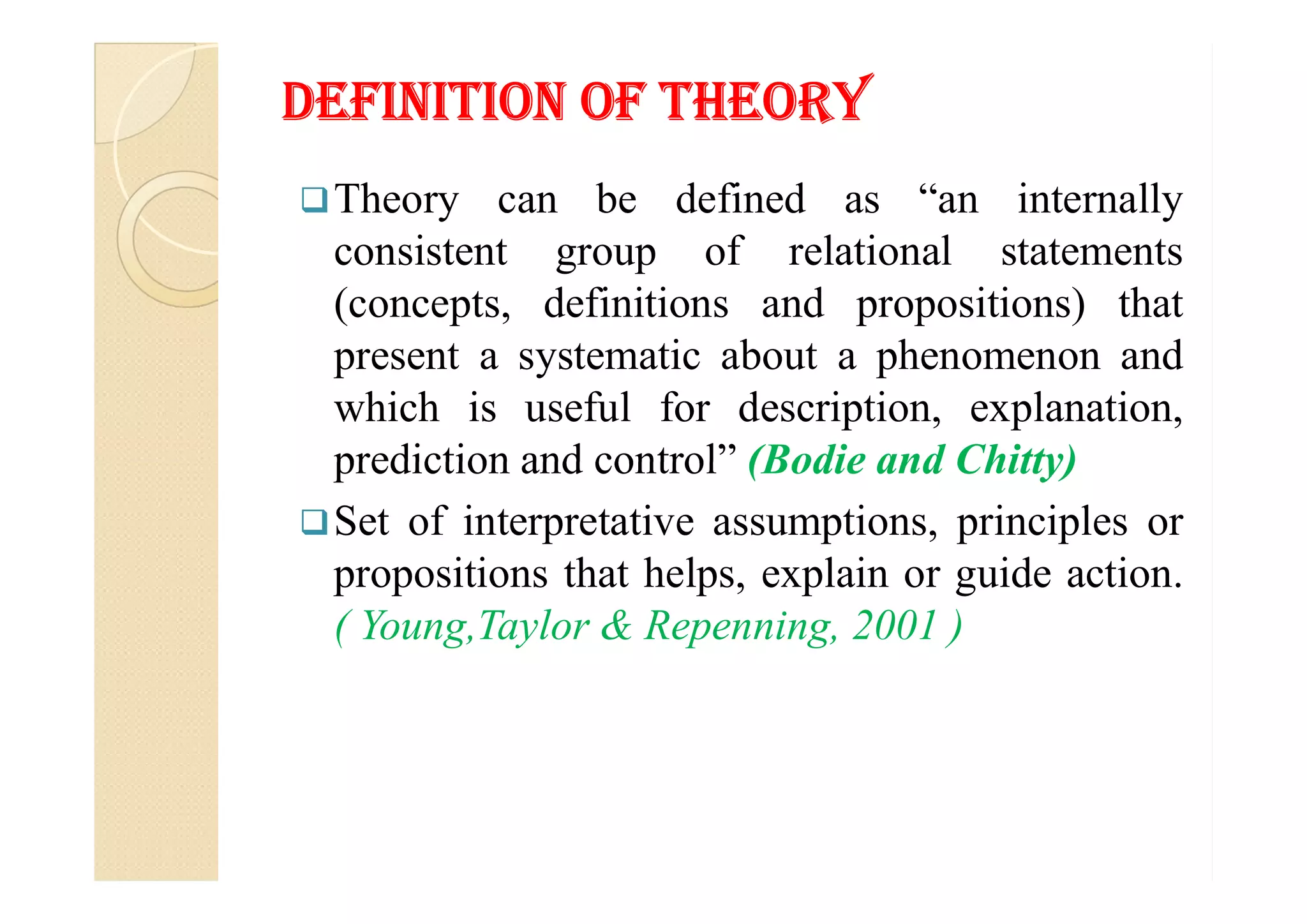 defINITIoN of THeorYdefINITIoN of THeorY
Theory can be defined as “an internally
consistent group of relational statements
(concepts, definitions and propositions) that
present a systematic about a phenomenon and
which is useful for description, explanation,
prediction and control” (Bodie and Chitty)prediction and control” (Bodie and Chitty)
Set of interpretative assumptions, principles or
propositions that helps, explain or guide action.
( Young,Taylor & Repenning, 2001 )
 
