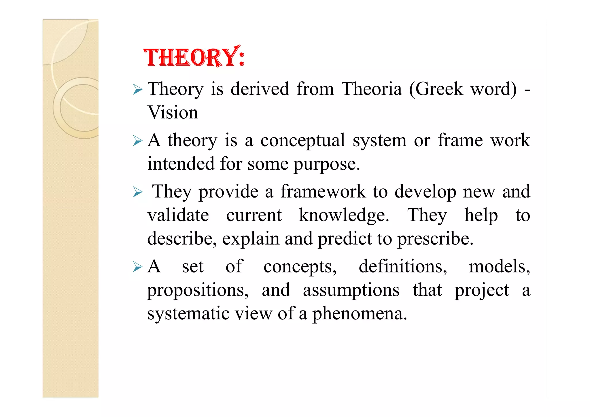 THeorY:
 Theory is derived from Theoria (Greek word) -
Vision
 A theory is a conceptual system or frame work
intended for some purpose.
 They provide a framework to develop new and
validate current knowledge. They help tovalidate current knowledge. They help to
describe, explain and predict to prescribe.
 A set of concepts, definitions, models,
propositions, and assumptions that project a
systematic view of a phenomena.
 