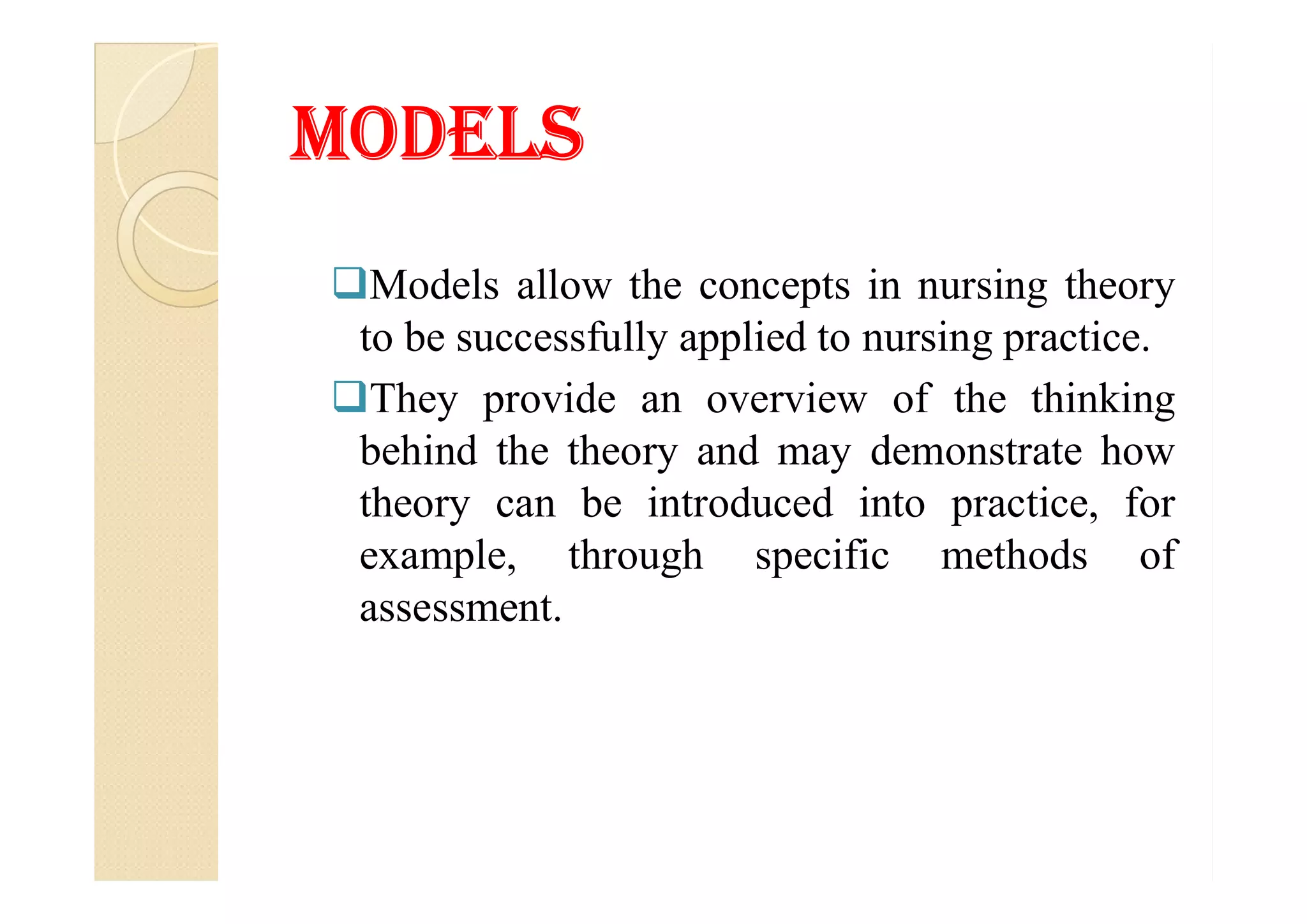 models
Models allow the concepts in nursing theory
to be successfully applied to nursing practice.
They provide an overview of the thinking
behind the theory and may demonstrate howbehind the theory and may demonstrate how
theory can be introduced into practice, for
example, through specific methods of
assessment.
 
