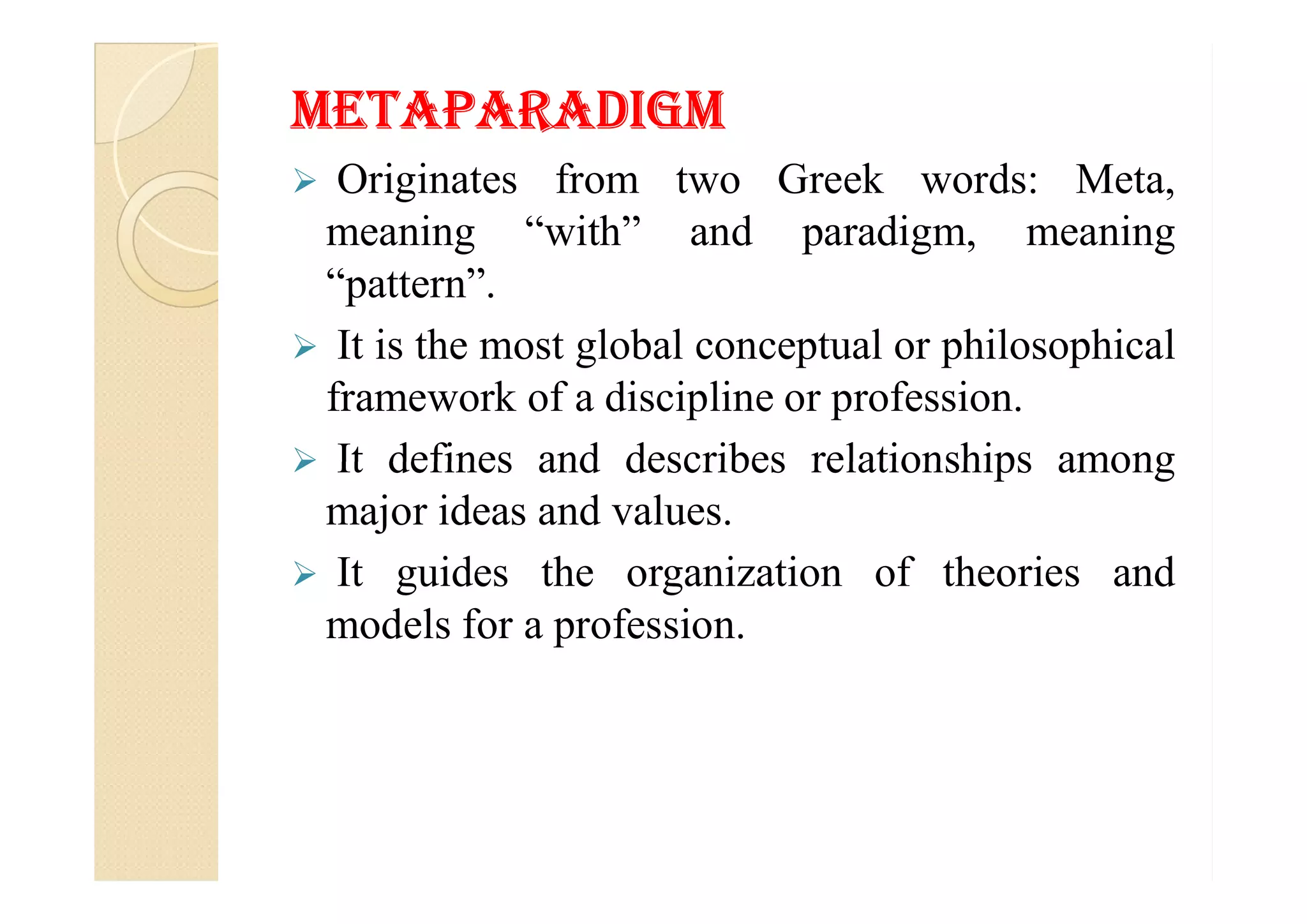 meTaParadIgm
 Originates from two Greek words: Meta,
meaning “with” and paradigm, meaning
“pattern”.
 It is the most global conceptual or philosophical
framework of a discipline or profession.
 It defines and describes relationships among It defines and describes relationships among
major ideas and values.
 It guides the organization of theories and
models for a profession.
 