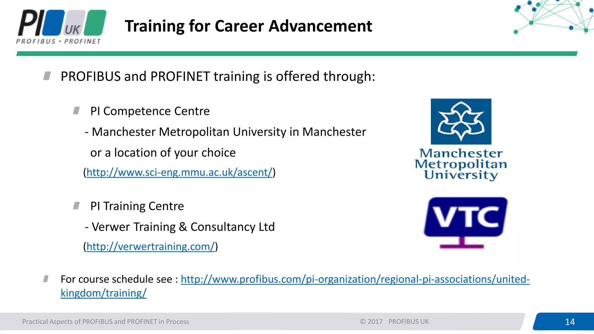 14PROFIBUS UK 14Practical Aspects of PROFIBUS and PROFINET in Process © 2017
Training for Career Advancement
PROFIBUS and PROFINET training is offered through:
PI Competence Centre
- Manchester Metropolitan University in Manchester
or a location of your choice
(http://www.sci-eng.mmu.ac.uk/ascent/)
PI Training Centre
- Verwer Training & Consultancy Ltd
(http://verwertraining.com/)
For course schedule see : http://www.profibus.com/pi-organization/regional-pi-associations/united-
kingdom/training/
 