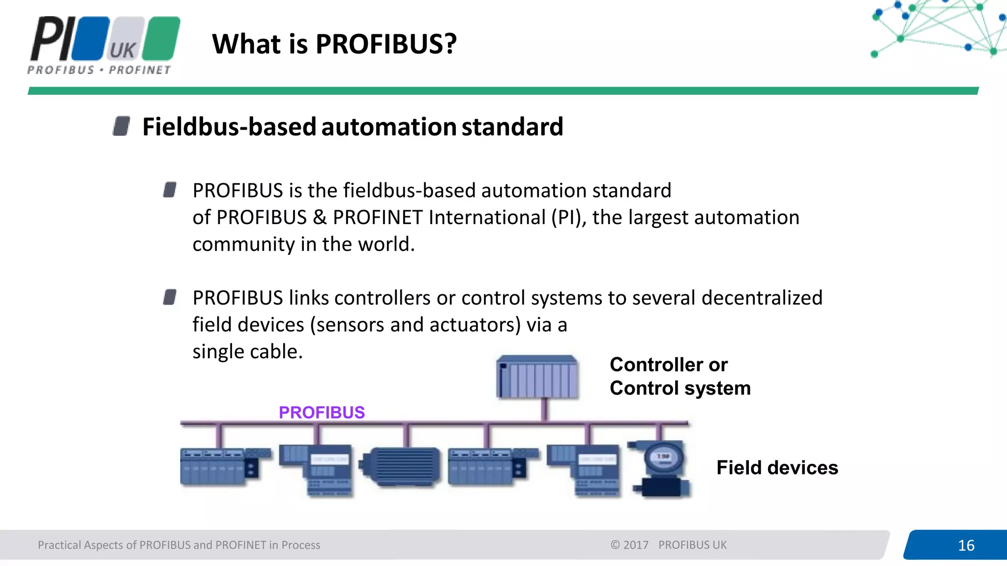 16PROFIBUS UK 16
PROFIBUS
Practical Aspects of PROFIBUS and PROFINET in Process © 2017
What is PROFIBUS?
Fieldbus-basedautomationstandard
PROFIBUS is the fieldbus-based automation standard
of PROFIBUS & PROFINET International (PI), the largest automation
community in the world.
PROFIBUS links controllers or control systems to several decentralized
field devices (sensors and actuators) via a
single cable.
Field devices
Controller or
Control system
 