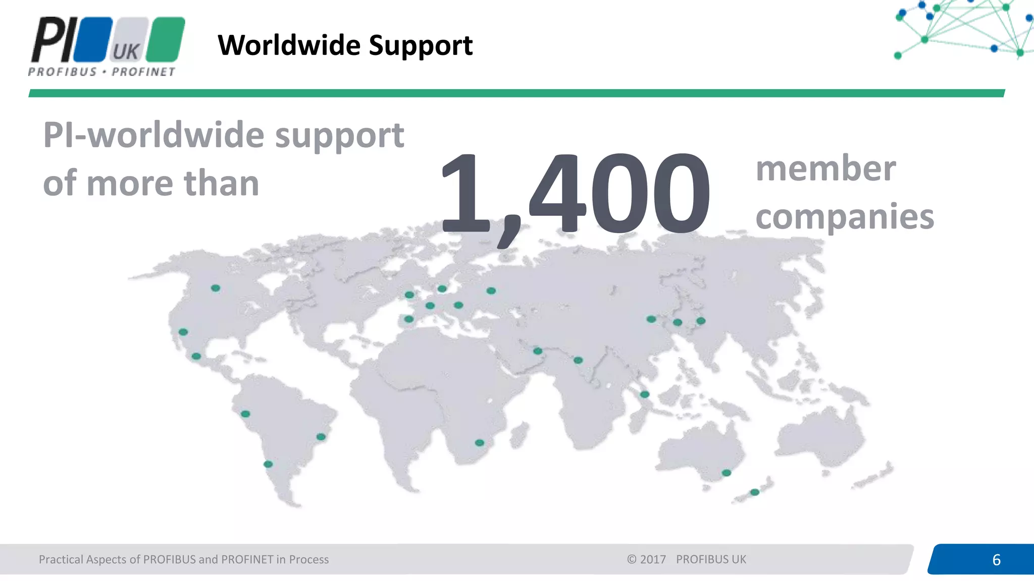 6PROFIBUS UK 6Practical Aspects of PROFIBUS and PROFINET in Process © 2017
Worldwide Support
PI-worldwide support
of more than
1,400 member
companies
 
