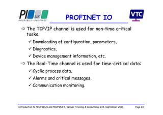 Page 22Introduction to PROFIBUS and PROFINET, Verwer Training & Consultancy Ltd, September 2013
PROFINET IO
 The TCP/IP channel is used for non-time critical
tasks.
 Downloading of configuration, parameters,
 Diagnostics,
 Device management information, etc.
 The Real-Time channel is used for time-critical data:
 Cyclic process data,
 Alarms and critical messages,
 Communication monitoring.
 