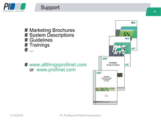 16
Support
Marketing Brochures
System Descriptions
Guidelines
Trainings
...
www.allthingsprofinet.com
or www.profinet.com
16
11/10/2016 PI, Profibus & Profinet Introduction
 