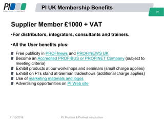 2424
PI UK Membership Benefits
Supplier Member £1000 + VAT
•For distributors, integrators, consultants and trainers.
•All the User benefits plus:
Free publicity in PROFInews and PROFINEWS UK
Become an Accredited PROFIBUS or PROFINET Company (subject to
meeting criteria)
Exhibit products at our workshops and seminars (small charge applies)
Exhibit on PI’s stand at German tradeshows (additional charge applies)
Use of marketing materials and logos
Advertising opportunities on PI Web site
11/10/2016 PI, Profibus & Profinet Introduction
 
