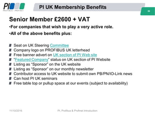 2626
PI UK Membership Benefits
Senior Member £2600 + VAT
•For companies that wish to play a very active role.
•All of the above benefits plus:
Seat on UK Steering Committee
Company logo on PROFIBUS UK letterhead
Free banner advert on UK section of PI Web site
“Featured Company” status on UK section of PI Website
Listing as “Sponsor” on the UK website
Listing as “Sponsor” on our monthly newsletter
Contributor access to UK website to submit own PB/PN/IO-Link news
Can host PI UK seminars
Free table top or pullup space at our events (subject to availability)
11/10/2016 PI, Profibus & Profinet Introduction
 