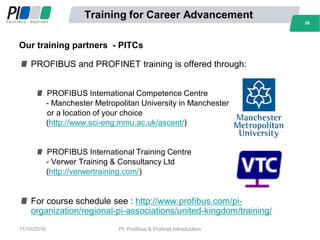 29
Training for Career Advancement
PROFIBUS and PROFINET training is offered through:
PROFIBUS International Competence Centre
- Manchester Metropolitan University in Manchester
or a location of your choice
(http://www.sci-eng.mmu.ac.uk/ascent/)
PROFIBUS International Training Centre
- Verwer Training & Consultancy Ltd
(http://verwertraining.com/)
For course schedule see : http://www.profibus.com/pi-
organization/regional-pi-associations/united-kingdom/training/
29
Our training partners - PITCs
11/10/2016 PI, Profibus & Profinet Introduction
 