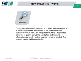 How PROFINET works
47
During commissioning, maintenance, or when an error occurs, it
is necessary to obtain an overview of the plant or machine
status in minimum time. The integrated PROFINET diagnostics
allow you to quickly call up the exact plant and machine
information you need – and no engineering tool is needed. This
ensures constantly high availability.
47
11/10/2016 PI, Profibus & Profinet Introduction
 