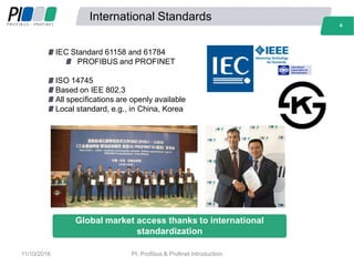 International Standards
6
IEC Standard 61158 and 61784
PROFIBUS and PROFINET
ISO 14745
Based on IEE 802.3
All specifications are openly available
Local standard, e.g., in China, Korea
Global market access thanks to international
standardization
6
11/10/2016 PI, Profibus & Profinet Introduction
 