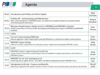 Agenda
09:30 Introduction and Profibus & Profinet Update
Mark
Freeman
09.55
Profibus DP - Commissioning and Maintenance
After a brief introduction to PROFIBUS basics, we outline the essentials needed for successful network
commissioning and maintenance.
Richard
Needham
10.35
Why you should measure shield currents in PROFIBUS and PROFINET networks
A look at work done in the area of EMC and Equipotential Bonding with respect to PROFIBUS and PROFINET
networks.
Peter
Thomas
11.15 Coffee
11.35
Current Trends involving PROFIsafe
How we approach a safety-related system and why PROFIsafe is a useful tool in modern control systems.
Peter
Brown
12.15
PROFINET System Design
What are the basic requirements for achieving a robust, reliable and maintainable PROFINET system.
Andy
Verwer
12.55 Lunch
13.35
PROFIBUS system engineering and monitoring
A look at some of the devices and techniques that are available for engineering functions and activities on
PROFIBUS systems.
Andy
Verwer
14.15
PROFINET for IoT, IIoT and Industry 4.0
A short journey to explain the IIoT , from IND1.0 to IND4.0 and Big Data & where PROFINET fits in.
Derek
Lane
14.45
Introduction to IO-Link – Features and Benefits
What does a typical IO-Link solution consists of, how it interface to the control system and what are the benefits
Russell
Smith
58
 