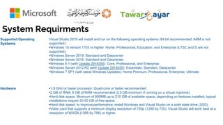 System Requirments
Supported Operating
Systems
Visual Studio 2019 will install and run on the following operating systems (64 bit recommended; ARM is not
supported):
•Windows 10 version 1703 or higher: Home, Professional, Education, and Enterprise (LTSC and S are not
supported)
•Windows Server 2019: Standard and Datacenter
•Windows Server 2016: Standard and Datacenter
•Windows 8.1 (with Update 2919355): Core, Professional, and Enterprise
•Windows Server 2012 R2 (with Update 2919355): Essentials, Standard, Datacenter
•Windows 7 SP1 (with latest Windows Updates): Home Premium, Professional, Enterprise, Ultimate
Hardware •1.8 GHz or faster processor. Quad-core or better recommended
•2 GB of RAM; 8 GB of RAM recommended (2.5 GB minimum if running on a virtual machine)
•Hard disk space: Minimum of 800MB up to 210 GB of available space, depending on features installed; typical
installations require 20-50 GB of free space.
•Hard disk speed: to improve performance, install Windows and Visual Studio on a solid state drive (SSD).
•Video card that supports a minimum display resolution of 720p (1280 by 720); Visual Studio will work best at a
resolution of WXGA (1366 by 768) or higher.
 