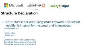 Structure Declaration
▷ A structure is declared using struct keyword. The default
modifier is internal for the struct and its members.
struct Coordinate
{
public int x;
public int y;
}
Coordinate point = new Coordinate();
Console.WriteLine(point.x); //output: 0
Console.WriteLine(point.y); //output: 0
 