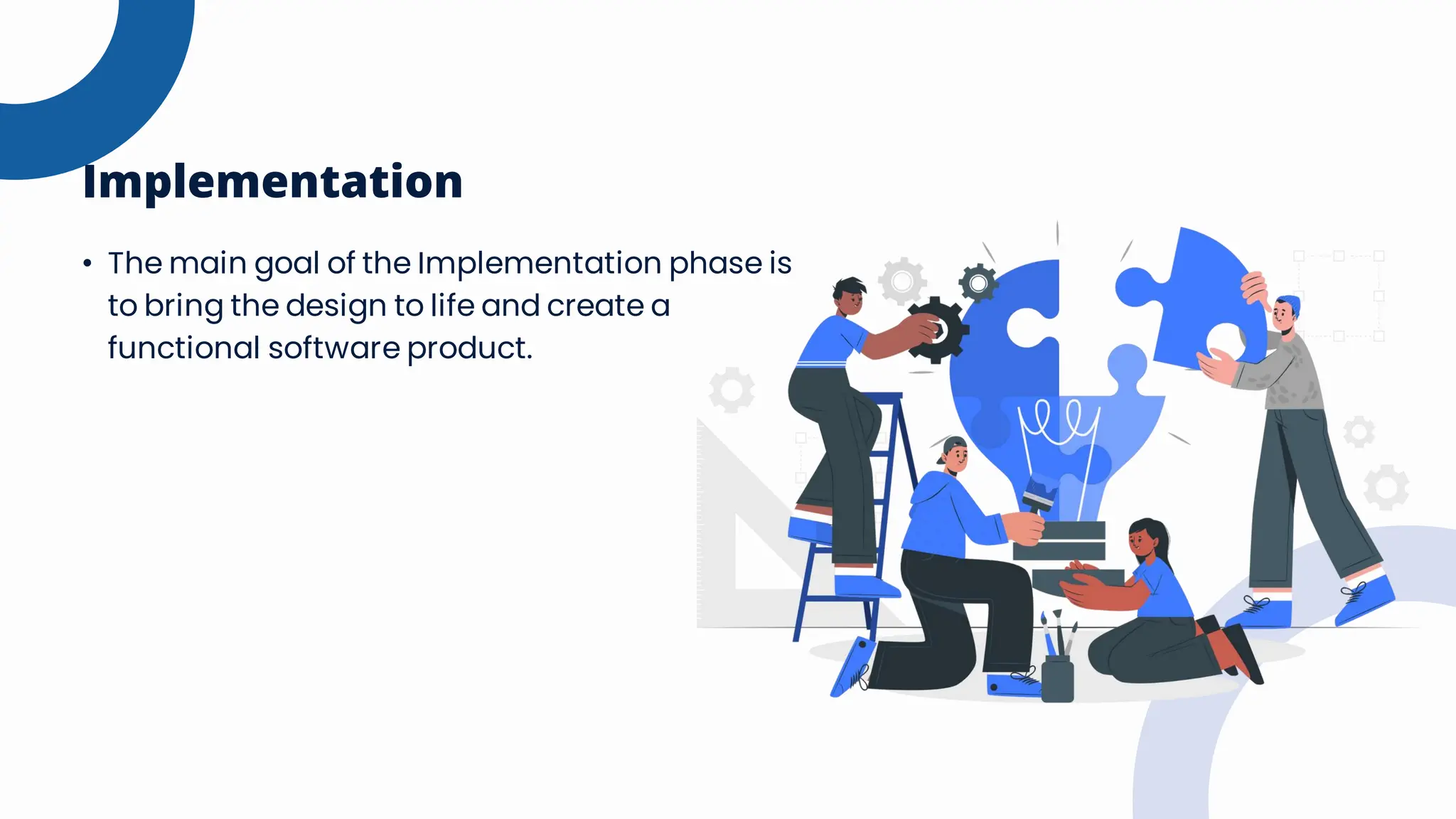 • The main goal of the Implementation phase is
to bring the design to life and create a
functional software product.
Implementation
 