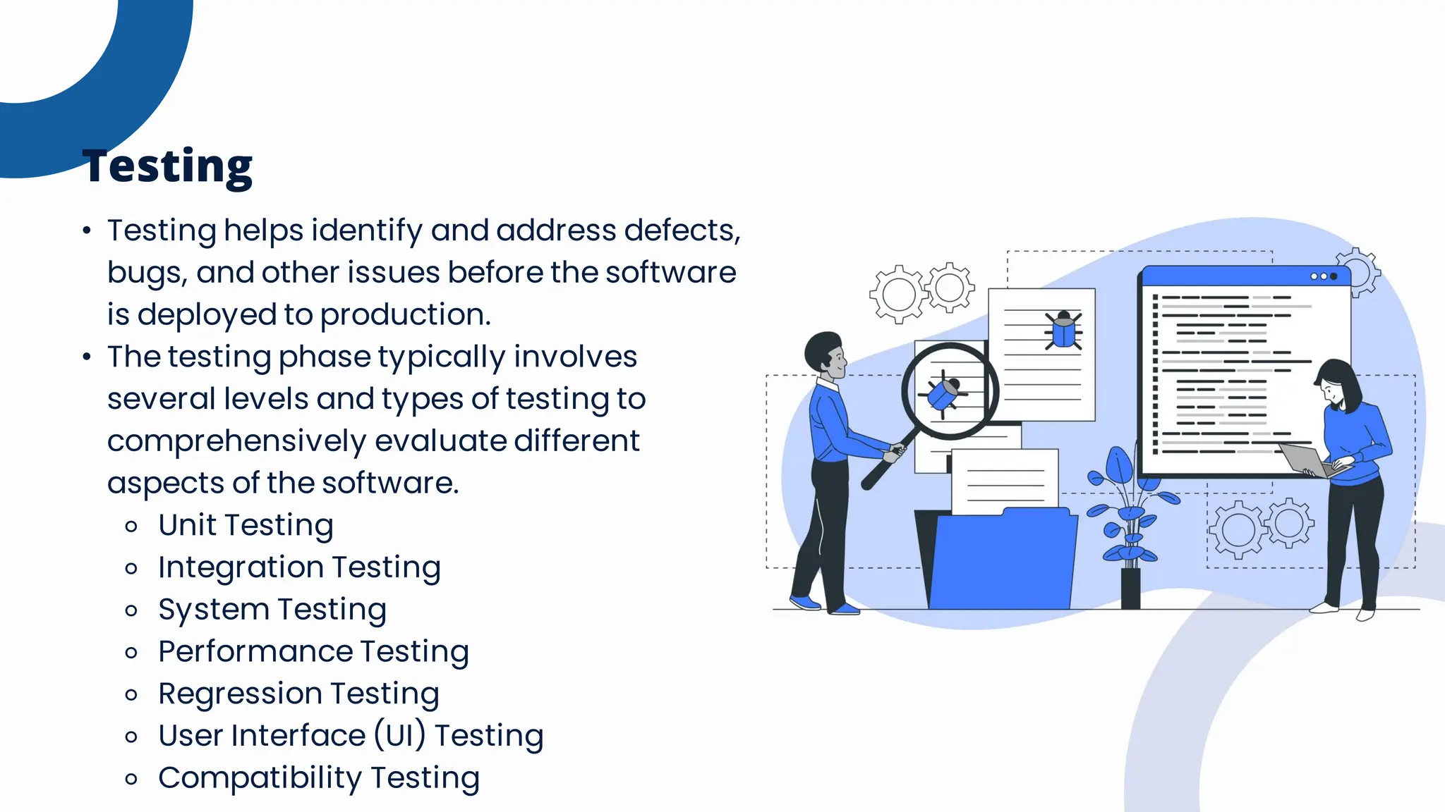 • Testing helps identify and address defects,
bugs, and other issues before the software
is deployed to production.
• The testing phase typically involves
several levels and types of testing to
comprehensively evaluate different
aspects of the software.
⚬ Unit Testing
⚬ Integration Testing
⚬ System Testing
⚬ Performance Testing
⚬ Regression Testing
⚬ User Interface (UI) Testing
⚬ Compatibility Testing
Testing
 