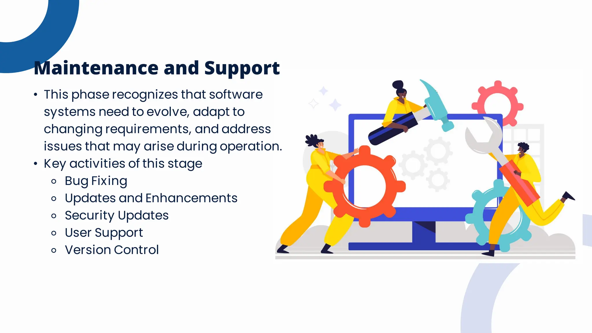 • This phase recognizes that software
systems need to evolve, adapt to
changing requirements, and address
issues that may arise during operation.
• Key activities of this stage
⚬ Bug Fixing
⚬ Updates and Enhancements
⚬ Security Updates
⚬ User Support
⚬ Version Control
Maintenance and Support
 