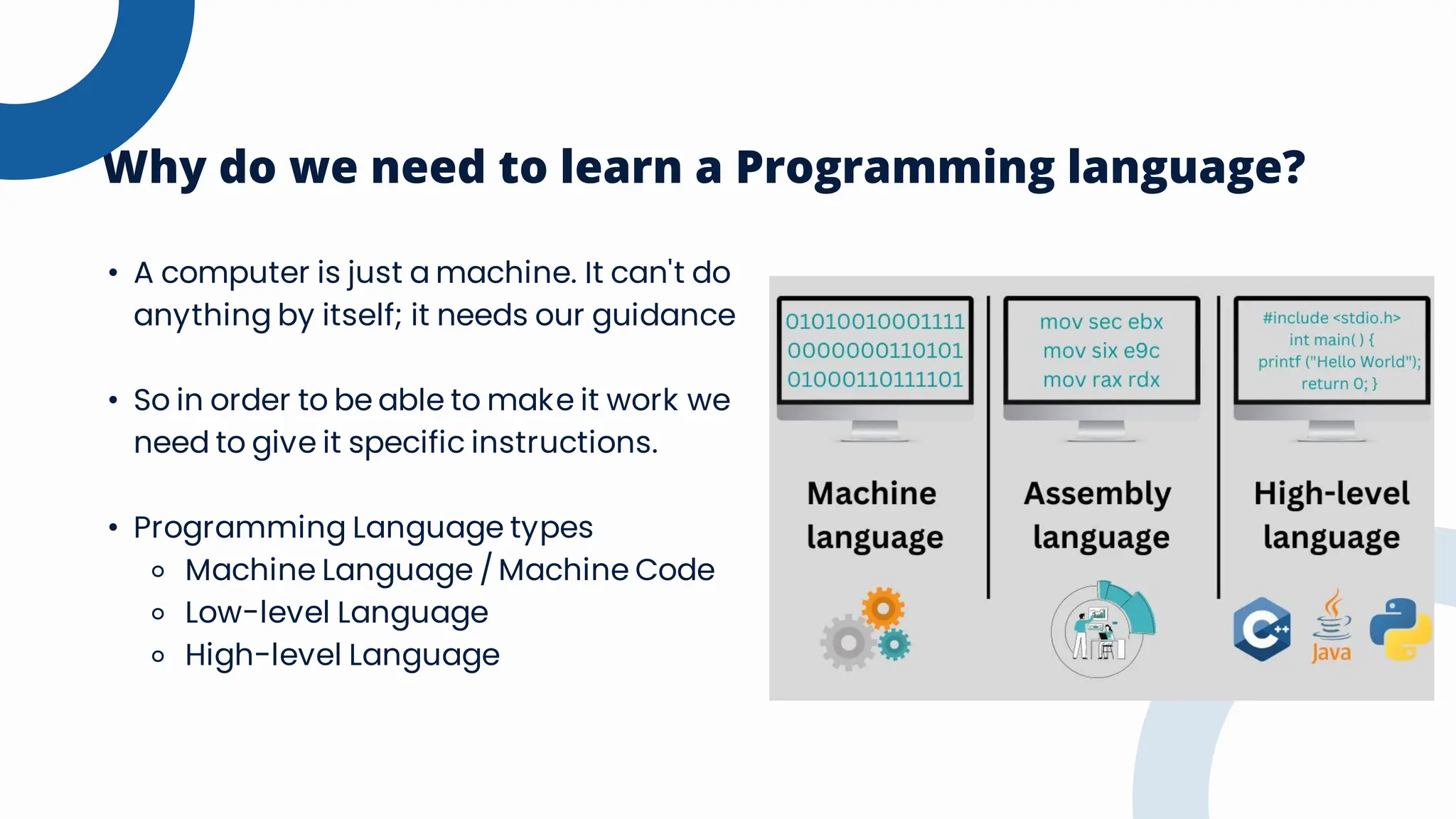 Why do we need to learn a Programming language?
• A computer is just a machine. It can't do
anything by itself; it needs our guidance
• So in order to be able to make it work we
need to give it specific instructions.
• Programming Language types
⚬ Machine Language / Machine Code
⚬ Low-level Language
⚬ High-level Language
 