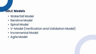 • Waterfall Model
• Iterative Model
• Spiral Model
• V-Model (Verification and Validation Model)
• Incremental Model
• Agile Model
SDLC Models
 
