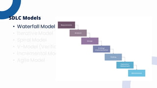 • Waterfall Model
• Iterative Model
• Spiral Model
• V-Model (Verification and Validation Model)
• Incremental Model
• Agile Model
SDLC Models
 