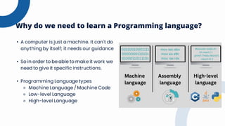 Why do we need to learn a Programming language?
• A computer is just a machine. It can't do
anything by itself; it needs our guidance
• So in order to be able to make it work we
need to give it specific instructions.
• Programming Language types
⚬ Machine Language / Machine Code
⚬ Low-level Language
⚬ High-level Language
 