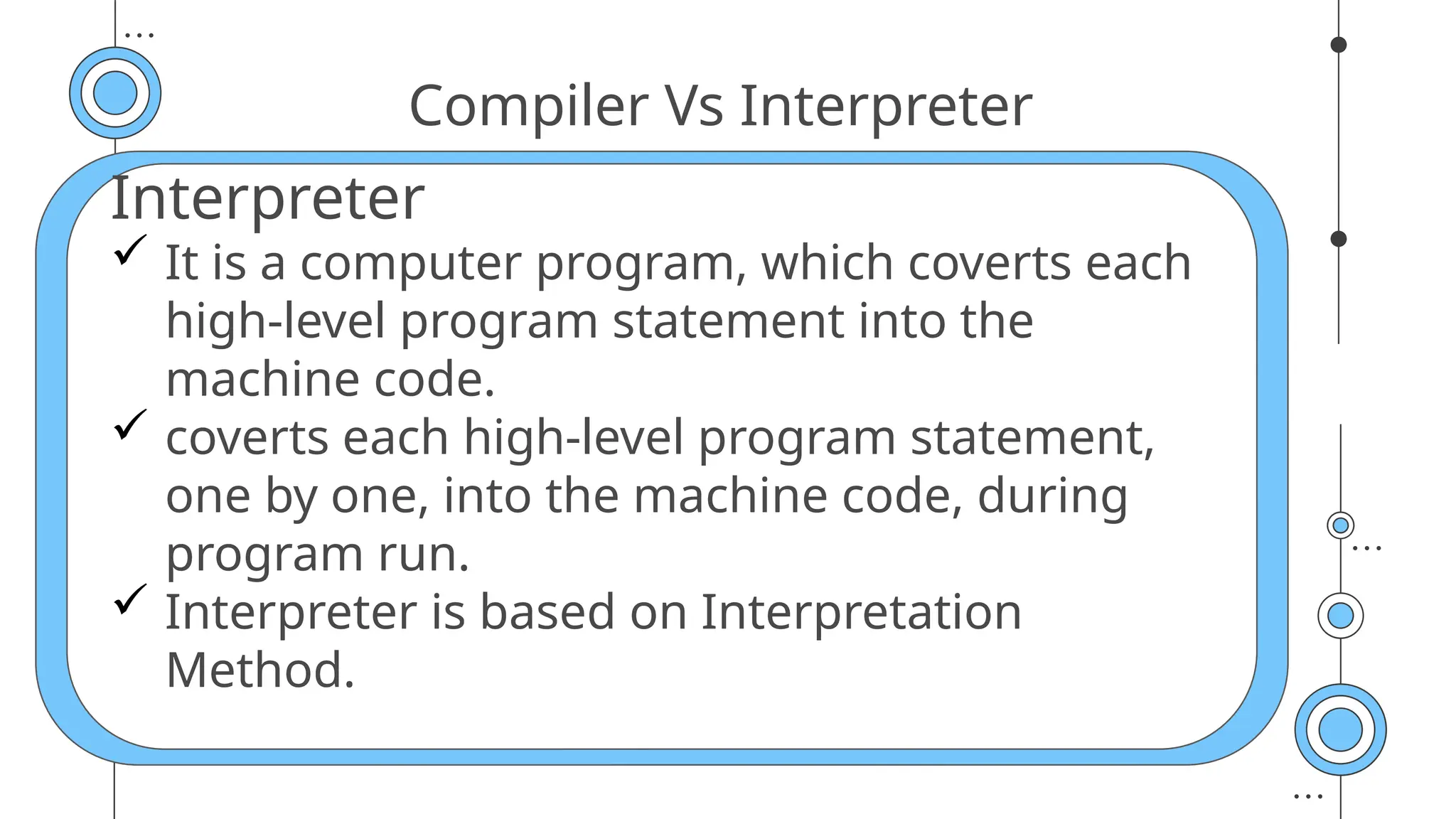 Compiler Vs Interpreter
Interpreter
 It is a computer program, which coverts each
high-level program statement into the
machine code.
 coverts each high-level program statement,
one by one, into the machine code, during
program run.
 Interpreter is based on Interpretation
Method.
 