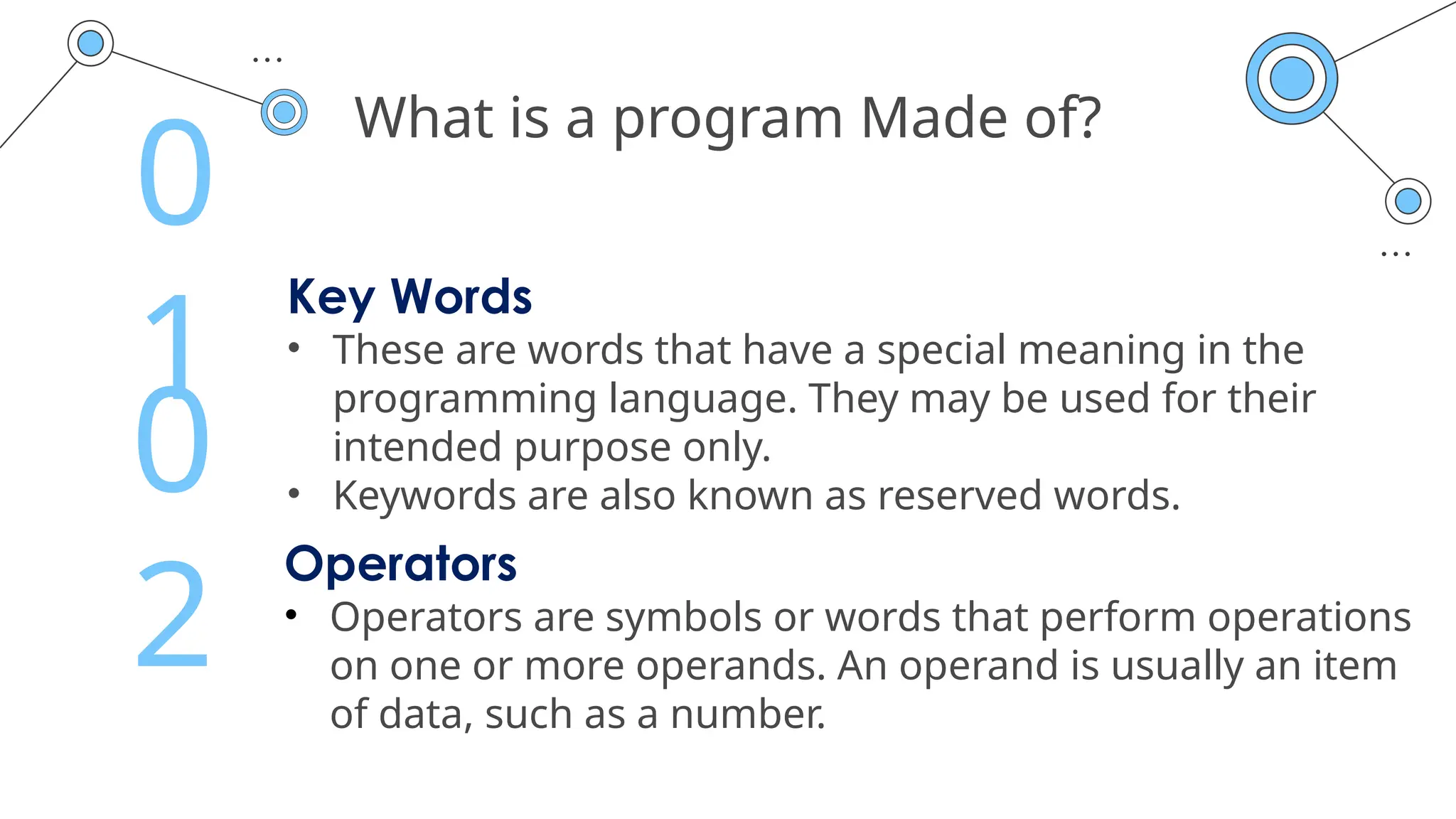 What is a program Made of?
Key Words
• These are words that have a special meaning in the
programming language. They may be used for their
intended purpose only.
• Keywords are also known as reserved words.
0
1
Operators
• Operators are symbols or words that perform operations
on one or more operands. An operand is usually an item
of data, such as a number.
0
2
 