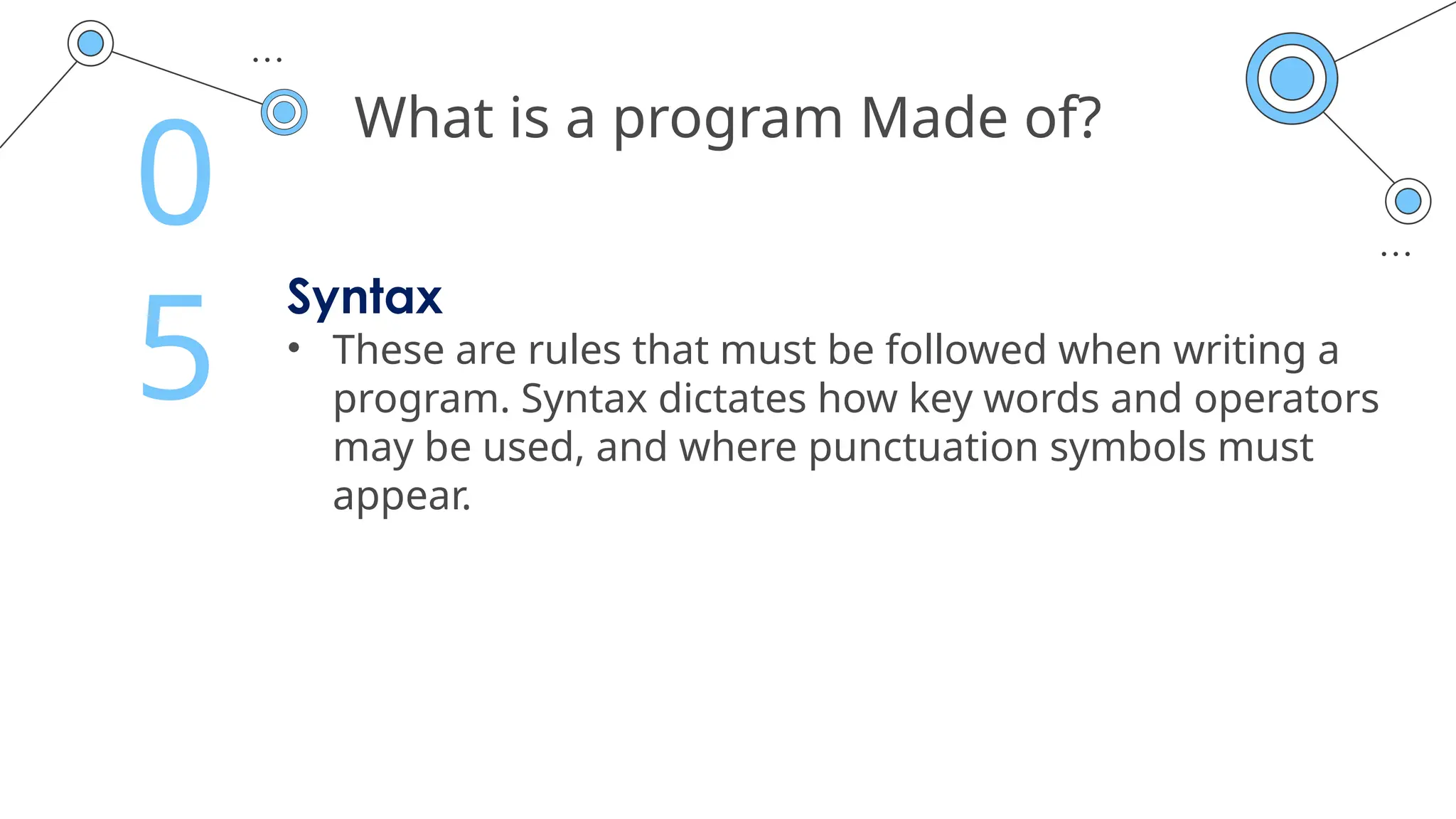 What is a program Made of?
Syntax
• These are rules that must be followed when writing a
program. Syntax dictates how key words and operators
may be used, and where punctuation symbols must
appear.
0
5
 
