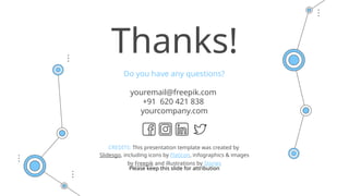 CREDITS: This presentation template was created by
Slidesgo, including icons by Flaticon, infographics & images
by Freepik and illustrations by Stories
Thanks!
Do you have any questions?
youremail@freepik.com
+91 620 421 838
yourcompany.com
Please keep this slide for attribution
 