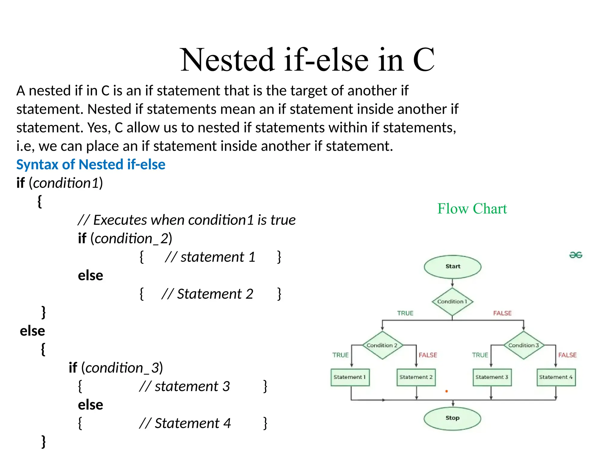 Nested if-else in C
A nested if in C is an if statement that is the target of another if
statement. Nested if statements mean an if statement inside another if
statement. Yes, C allow us to nested if statements within if statements,
i.e, we can place an if statement inside another if statement.
Syntax of Nested if-else
if (condition1)
{
// Executes when condition1 is true
if (condition_2)
{ // statement 1 }
else
{ // Statement 2 }
}
else
{
if (condition_3)
{ // statement 3 }
else
{ // Statement 4 }
}
Flow Chart
 