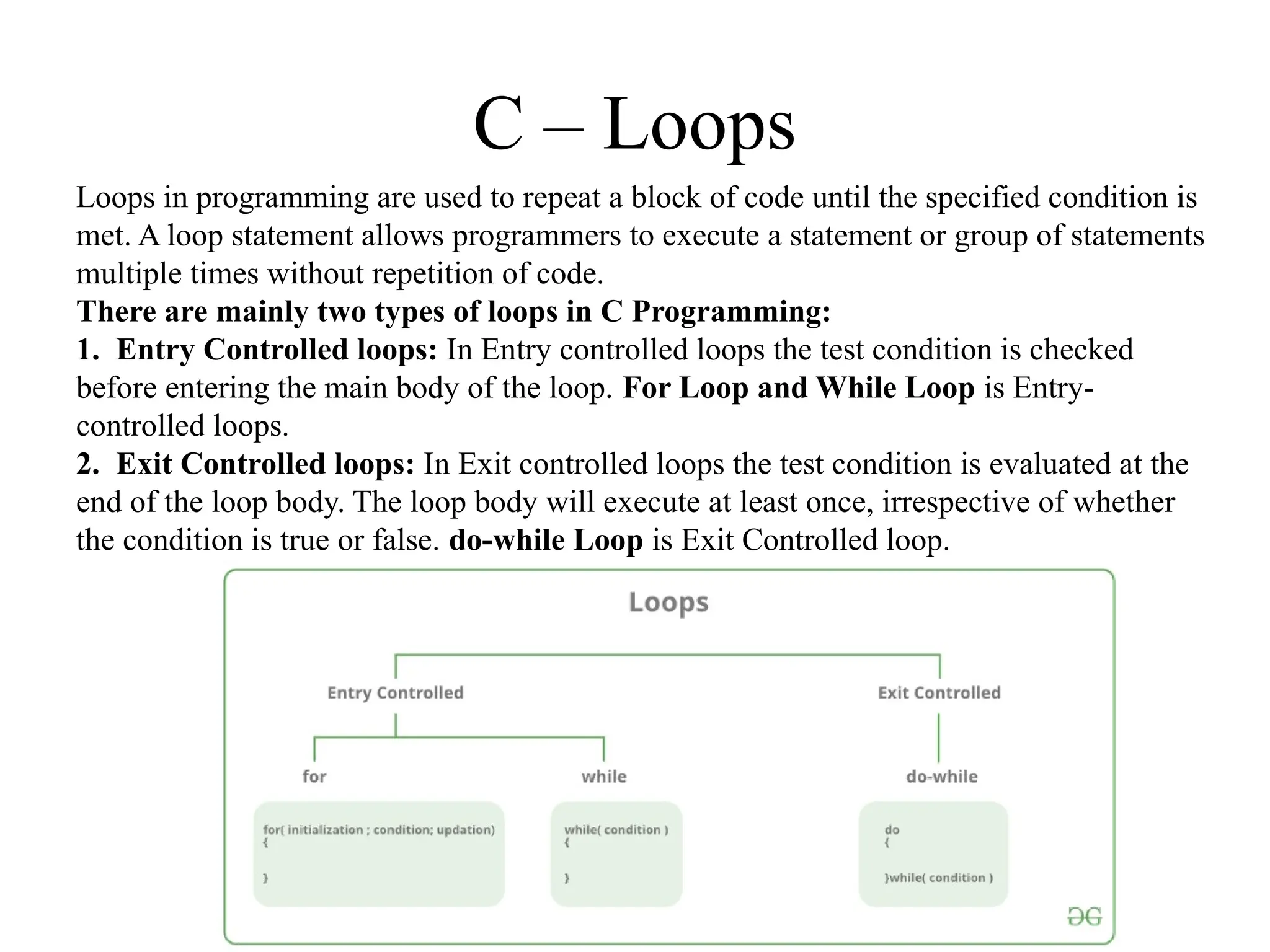 C – Loops
Loops in programming are used to repeat a block of code until the specified condition is
met. A loop statement allows programmers to execute a statement or group of statements
multiple times without repetition of code.
There are mainly two types of loops in C Programming:
1. Entry Controlled loops: In Entry controlled loops the test condition is checked
before entering the main body of the loop. For Loop and While Loop is Entry-
controlled loops.
2. Exit Controlled loops: In Exit controlled loops the test condition is evaluated at the
end of the loop body. The loop body will execute at least once, irrespective of whether
the condition is true or false. do-while Loop is Exit Controlled loop.
 