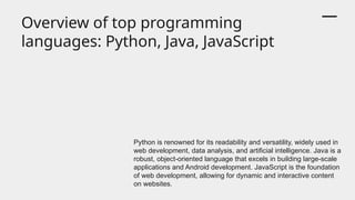 Overview of top programming
languages: Python, Java, JavaScript
Python is renowned for its readability and versatility, widely used in
web development, data analysis, and artificial intelligence. Java is a
robust, object-oriented language that excels in building large-scale
applications and Android development. JavaScript is the foundation
of web development, allowing for dynamic and interactive content
on websites.
 