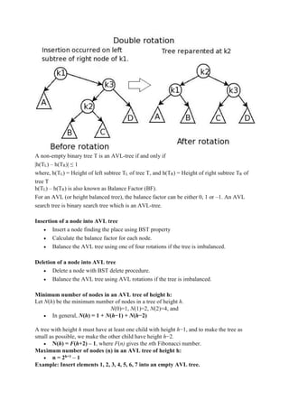 A non-empty binary tree T is an AVL-tree if and only if
|h(TL) – h(TR)| ≤ 1
where, h(TL) = Height of left subtree TL of tree T, and h(TR) = Height of right subtree TR of
tree T
h(TL) – h(TR) is also known as Balance Factor (BF).
For an AVL (or height balanced tree), the balance factor can be either 0, 1 or –1. An AVL
search tree is binary search tree which is an AVL-tree.
Insertion of a node into AVL tree
 Insert a node finding the place using BST property
 Calculate the balance factor for each node.
 Balance the AVL tree using one of four rotations if the tree is imbalanced.
Deletion of a node into AVL tree
 Delete a node with BST delete procedure.
 Balance the AVL tree using AVL rotations if the tree is imbalanced.
Minimum number of nodes in an AVL tree of height h:
Let N(h) be the minimum number of nodes in a tree of height h.
N(0)=1, N(1)=2, N(2)=4, and
 In general, N(h) = 1 + N(h−1) + N(h−2)
A tree with height h must have at least one child with height h−1, and to make the tree as
small as possible, we make the other child have height h−2.
 N(h) = F(h+2) – 1, where F(n) gives the nth Fibonacci number.
Maximum number of nodes (n) in an AVL tree of height h:
 n = 2h+1 – 1
Example: Insert elements 1, 2, 3, 4, 5, 6, 7 into an empty AVL tree.
 