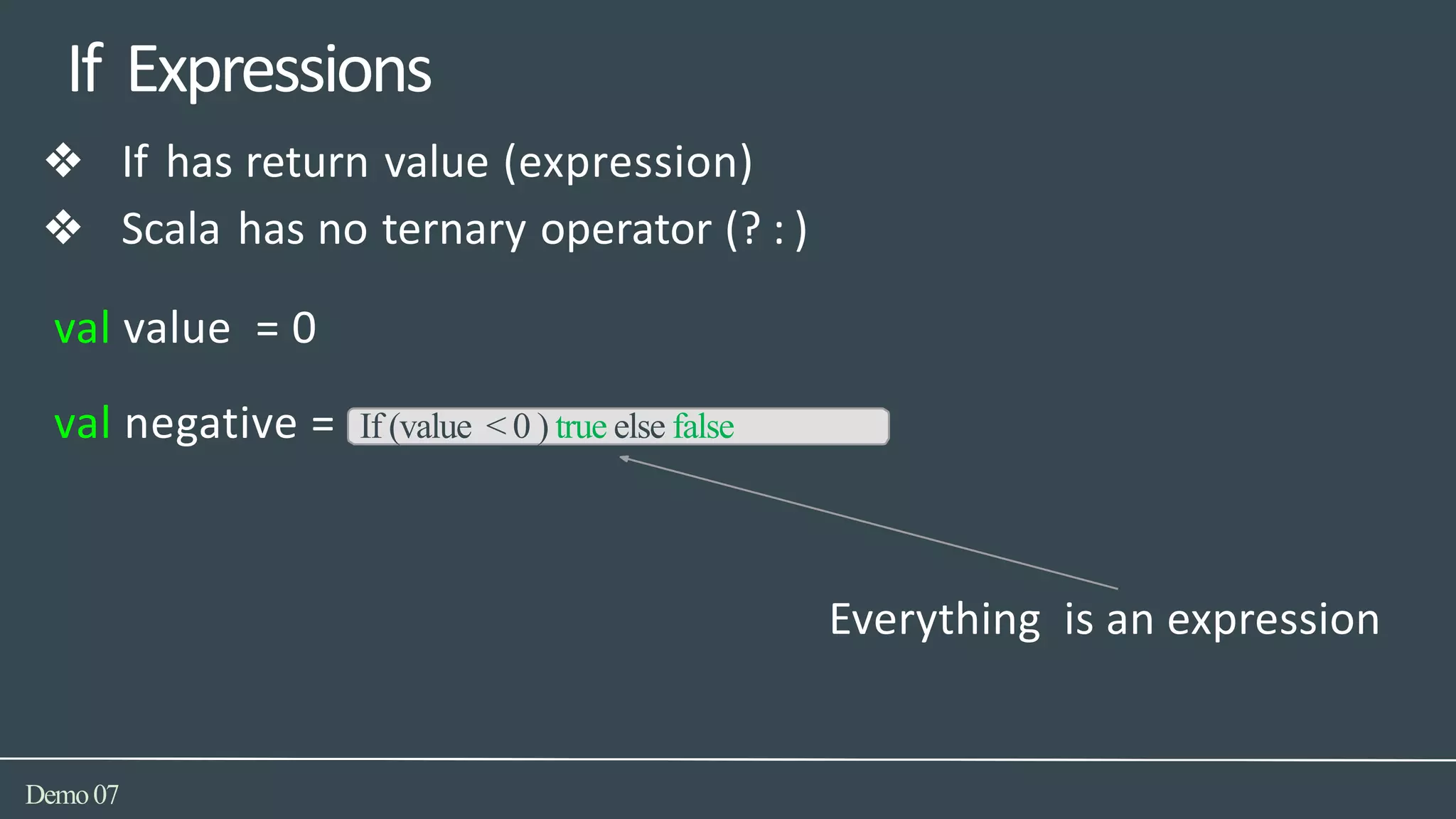 If Expressions
Demo07
❖ If has return value (expression)
❖ Scala has no ternary operator (? : )
val value = 0
val negative = If (value < 0 ) true else false
Everything is an expression
 