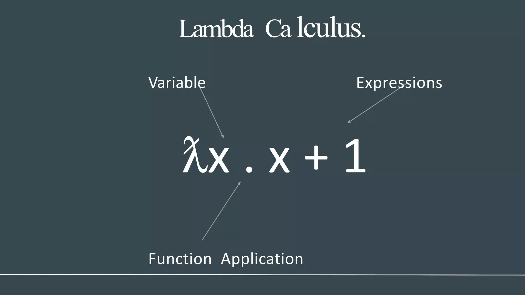 Lambda Ca lculus.
Variable Expressions
ƛx . x + 1
Function Application
 