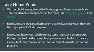 Take Home Points.
• WemustbuildamentalmodelofScalaprogramsifwearetouseScala.
Threefundamentalcomponentsofthismodelare expressions,types,and
values.
• Expressionsarethepartsofaprogramthatevaluatetoavalue.Theyare
themajorpartofaScalaprogram.
• Expressionshavetypes,whichexpresssomerestrictionsonprograms.
Duringcompiletimethetypesofourprogramsarechecked.Iftheyare
inconsistentthencompilationfailsandwecannotevaluate,orrun,our
program.
 