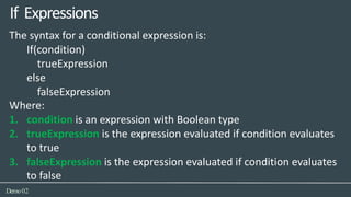 The syntax for a conditional expression is:
If(condition)
trueExpression
else
falseExpression
Where:
1. condition is an expression with Boolean type
2. trueExpression is the expression evaluated if condition evaluates
to true
3. falseExpression is the expression evaluated if condition evaluates
to false
If Expressions
Demo02
 