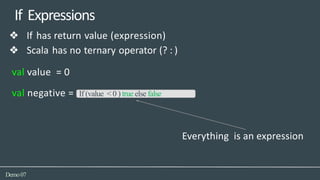 If Expressions
Demo07
❖ If has return value (expression)
❖ Scala has no ternary operator (? : )
val value = 0
val negative = If (value < 0 ) true else false
Everything is an expression
 