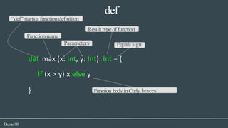 “def” starts a function definition
Result type of function
Function name
braces
Demo08
Parameters Equals sign
def max (x: Int, y: Int): Int = {
If (x > y) x else y
} Function body in Curly
def
 