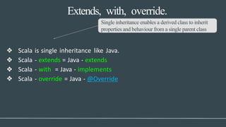 Extends, with, override.
Single inheritance enables a derived class to inherit
properties and behaviour from a single parent class
❖ Scala is single inheritance like Java.
❖ Scala - extends = Java - extends
❖ Scala - with = Java - implements
❖ Scala - override = Java - @Override
 