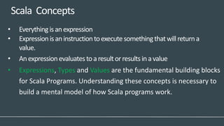 Scala Concepts
• Everythingisanexpression
• Expressionisaninstructiontoexecutesomethingthatwillreturna
value.
• Anexpressionevaluatestoaresultorresultsinavalue
• Expressions, Types and Values are the fundamental building blocks
for Scala Programs. Understanding these concepts is necessary to
build a mental model of how Scala programs work.
 