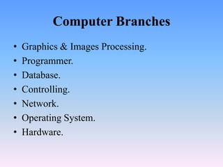 Computer Branches
•   Graphics & Images Processing.
•   Programmer.
•   Database.
•   Controlling.
•   Network.
•   Operating System.
•   Hardware.
 