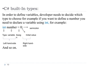 •C# built-In types:
10
In order to define variables, developer needs to decide which
type to choose for example if you want to define a number you
need to declare a variable using int, for example:
int number = 0;
And so on.
Type variable Assig
n
Initial value
semicolon
Left hand-side Right hand-
side
 