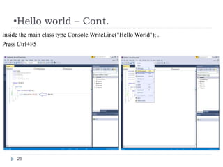 •Hello world – Cont.
26
Inside the main class type Console.WriteLine("Hello World"); .
Press Ctrl+F5
 