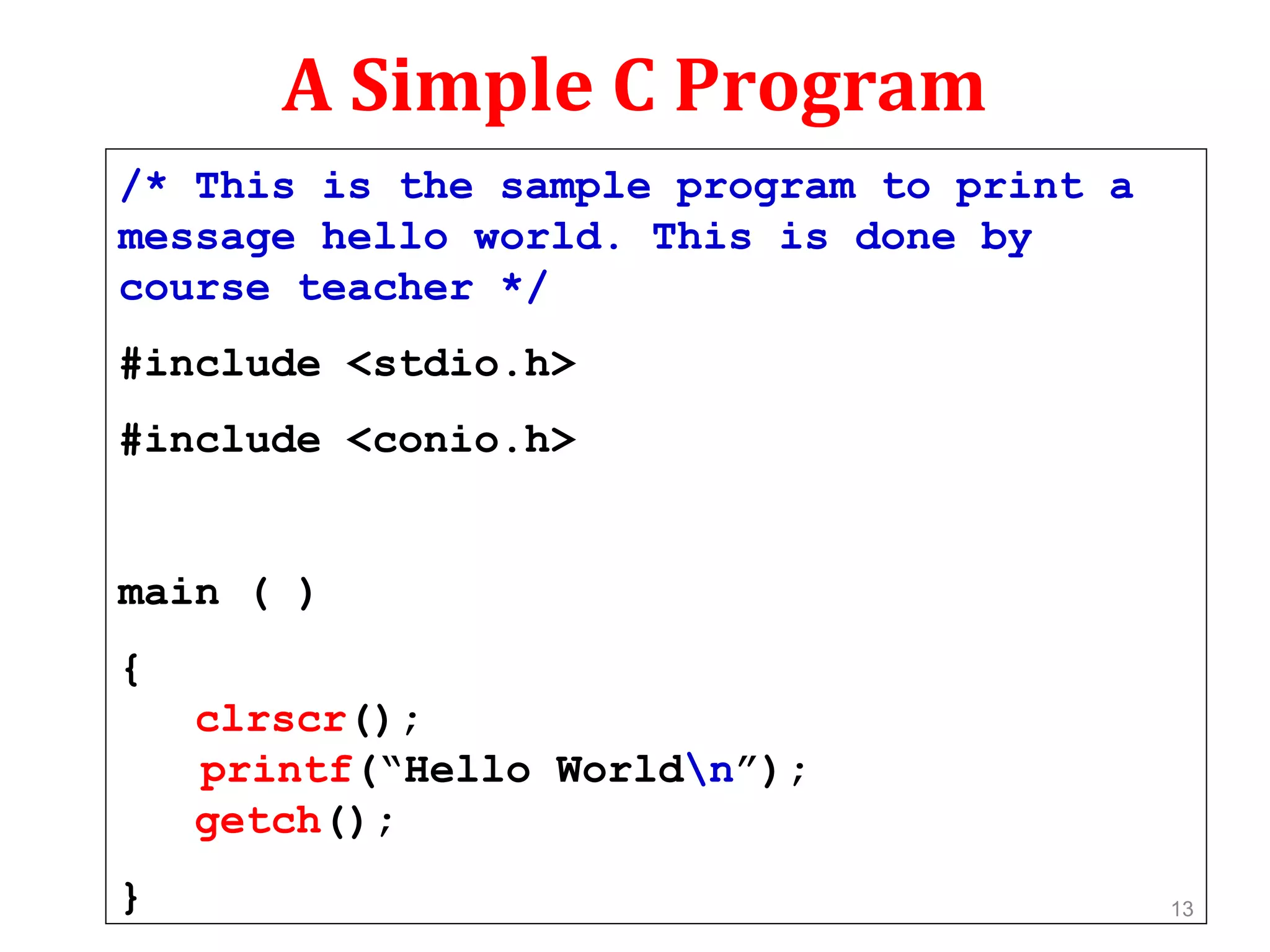 A Simple C Program /* This is the sample program to print a message hello world. This is done by course teacher */ #include <stdio.h> #include <conio.h> main ( ) { clrscr(); printf(“Hello Worldn”); getch(); } 13 