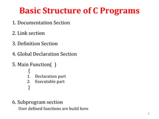 Basic Structure of C Programs
1. Documentation Section
2. Link section
3. Definition Section
4. Global Declaration Section
5. Main Function( )
{
1. Declaration part
2. Executable part
}
6. Subprogram section
User defined functions are build here
8
 
