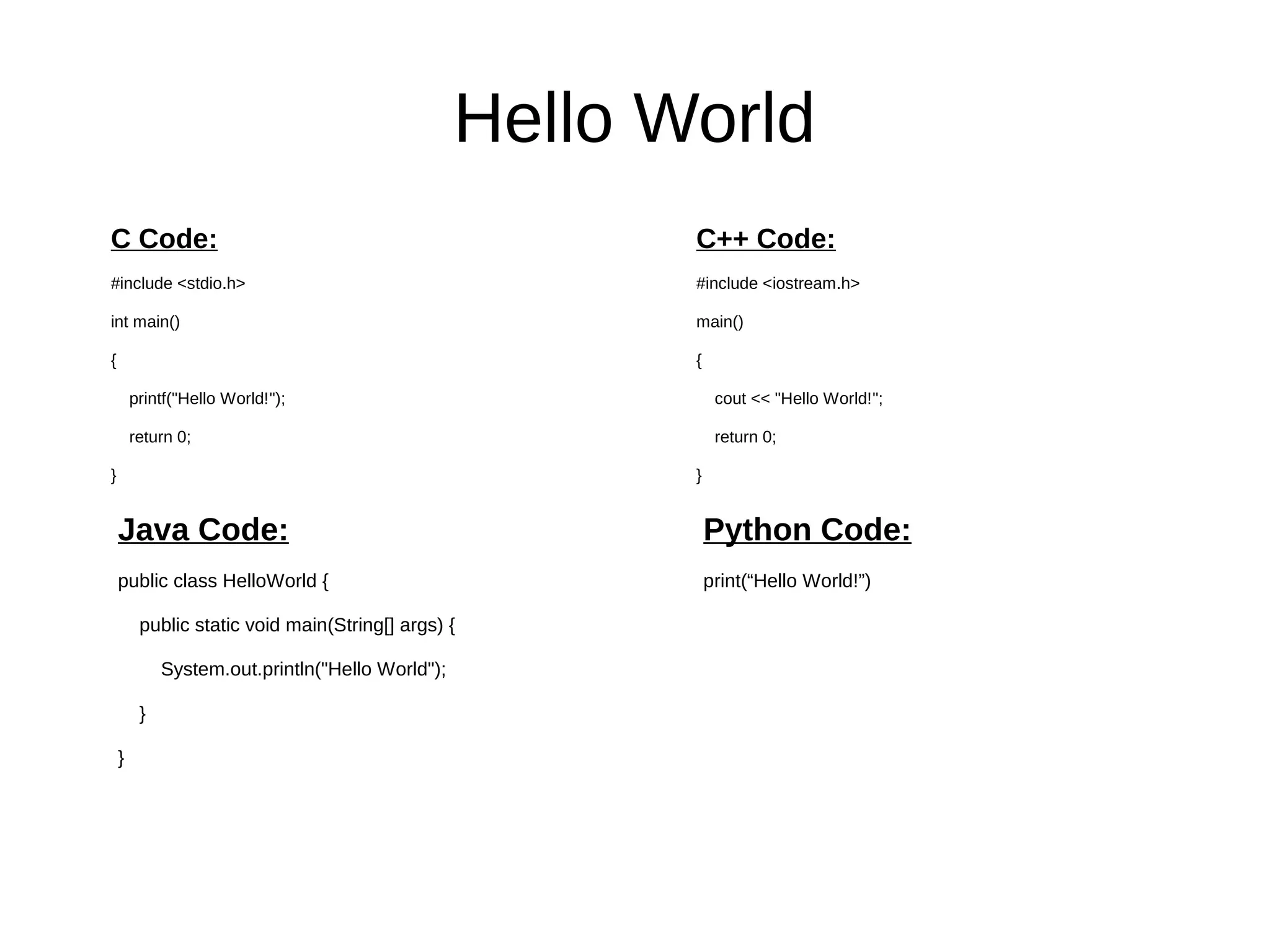 Hello World
C Code:
#include <stdio.h>
int main()
{
printf("Hello World!");
return 0;
}
C++ Code:
#include <iostream.h>
main()
{
cout << "Hello World!";
return 0;
}
Python Code:
print(“Hello World!”)
Java Code:
public class HelloWorld {
public static void main(String[] args) {
System.out.println("Hello World");
}
}
 