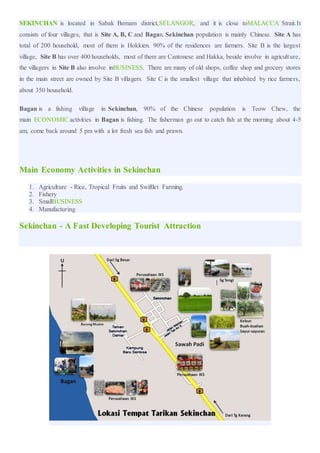 SEKINCHAN is located in Sabak Bernam district,SELANGOR, and it is close toMALACCA Strait.It
consists of four villages, that is Site A, B, C and Bagan. Sekinchan population is mainly Chinese. Site A has
total of 200 household, most of them is Hokkien. 90% of the residences are farmers. Site B is the largest
village, Site B has over 400 households, most of them are Cantonese and Hakka, beside involve in agriculture,
the villagers in Site B also involve inBUSINESS. There are many of old shops, coffee shop and grocery stores
in the main street are owned by Site B villagers. Site C is the smallest village that inhabited by rice farmers,
about 350 household.
Bagan is a fishing village in Sekinchan, 90% of the Chinese population is Teow Chew, the
main ECONOMIC activities in Bagan is fishing. The fisherman go out to catch fish at the morning about 4-5
am, come back around 5 pm with a lot fresh sea fish and prawn.
Main Economy Activities in Sekinchan
1. Agriculture - Rice, Tropical Fruits and Swiftlet Farming.
2. Fishery
3. SmallBUSINESS
4. Manufacturing
Sekinchan - A Fast Developing Tourist Attraction
 