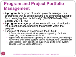 Program and Project Portfolio Management A  program  is “a group of related projects managed in a coordinated way to obtain benefits and control not available from managing them individually” (PMBOK® Guide, Third Edition, 2004, p. 16) A  program manager  provides leadership and direction for the project managers heading the projects within the program Examples of common programs in the IT field: infrastructure- wireless Internet access, upgrading h/w & s/w, developing corporate standards for IT applications development – updating an ERP system, purchasing a new off-the-shelf billing system, adding new feature to CRM system user support – daily operational support, upgrade e-mail system, develop technical training for users Information Technology Project Management, Fifth Edition, Copyright 2007  