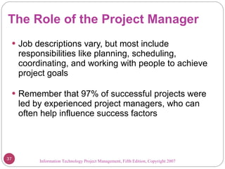 The Role of the Project Manager Job descriptions vary, but most include responsibilities like planning, scheduling, coordinating, and working with people to achieve project goals Remember that 97% of successful projects were led by experienced project managers, who can often help influence success factors Information Technology Project Management, Fifth Edition, Copyright 2007  